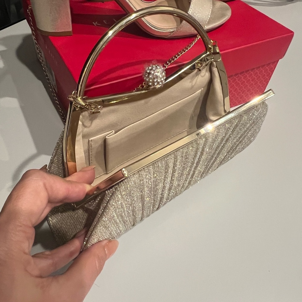 Sand Gold Handle Evening Clutch w/ Stone Closure & Chain Strap-Elegant - Picture 2 of 4